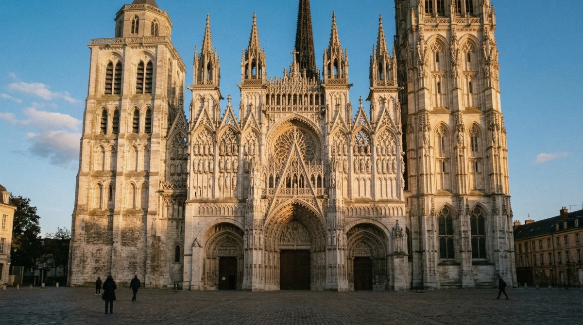 Rouen Cathedral's west front lit by afternoon sun, the light and view Monet painted in his cathedral paintings
