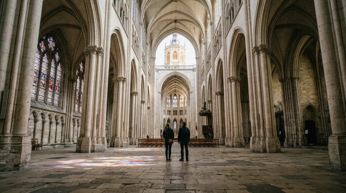 Visitors looking up at the soaring Gothic nave while visiting Rouen Cathedral in Normandy