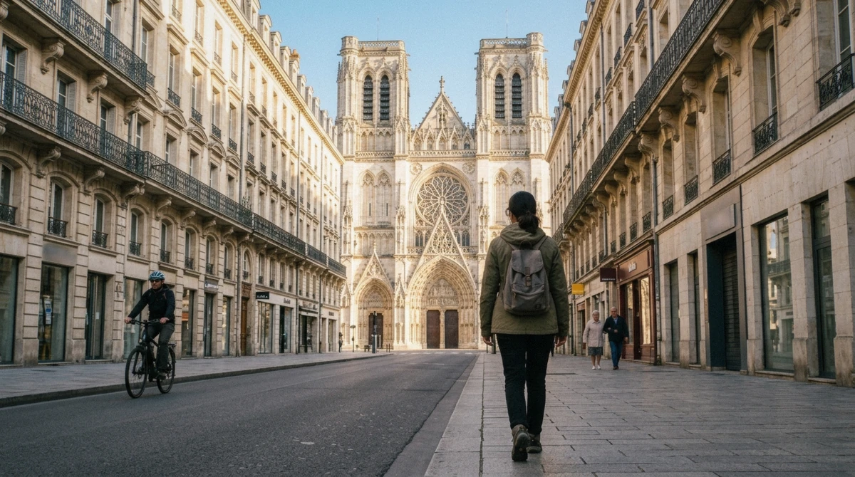 The walk from the train station toward the cathedral spire on a rouen day trip from paris